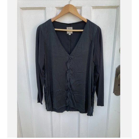 Go By GoSilk Womens Washable V Neck Long Sleeve Blouse Black Ruffle Detail sz XS - Picture 1 of 3